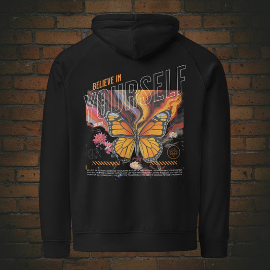 Believe in Yourself – Schmetterling Hoodie | New Age Warrior Kollektion - Druck auf dem Rücken -schwarze Bio Baumwolle