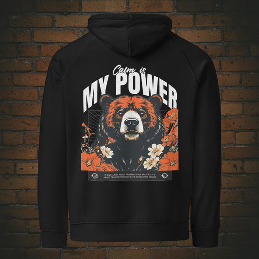 Calm is my Power – Bio Hoodie mit Bär & Statement | New Age Warrior Kollektion | Unisex - Druck auf schwarzer Bio-Baumwolle