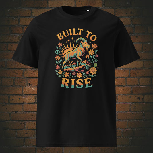 Hippie Shirt mit der Krafttier Ziege, Blumen und Berge - Spruch: Built to Rise - T-Shirt Farbe: Schwarz