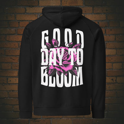 Hoodie Unisex mit Spruch Rosen Design Good Day to Bloom | Bio Baumwolle in der Farbe schwarz - Druck auf dem Rücken