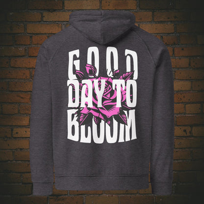Hoodie Unisex mit Spruch Rosen Design Good Day to Bloom | Bio Baumwolle in der Farbe dunkelgrau - Druck auf dem Rücken