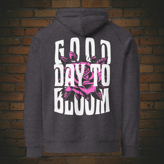 Hoodie Unisex mit Spruch Rosen Design Good Day to Bloom | Bio Baumwolle in der Farbe dunkelgrau - Druck auf dem Rücken