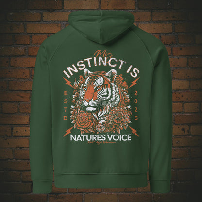 Hoodie Unisex mit Spruch – Tiger Design My Instinct | Bio Baumwolle in der Farbe grün - New Age Warrior Kollektion 