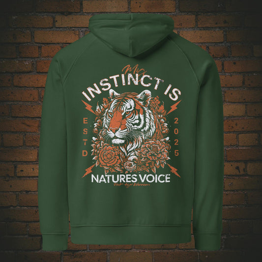 Hoodie Unisex mit Spruch – Tiger Design My Instinct | Bio Baumwolle in der Farbe grün - New Age Warrior Kollektion 