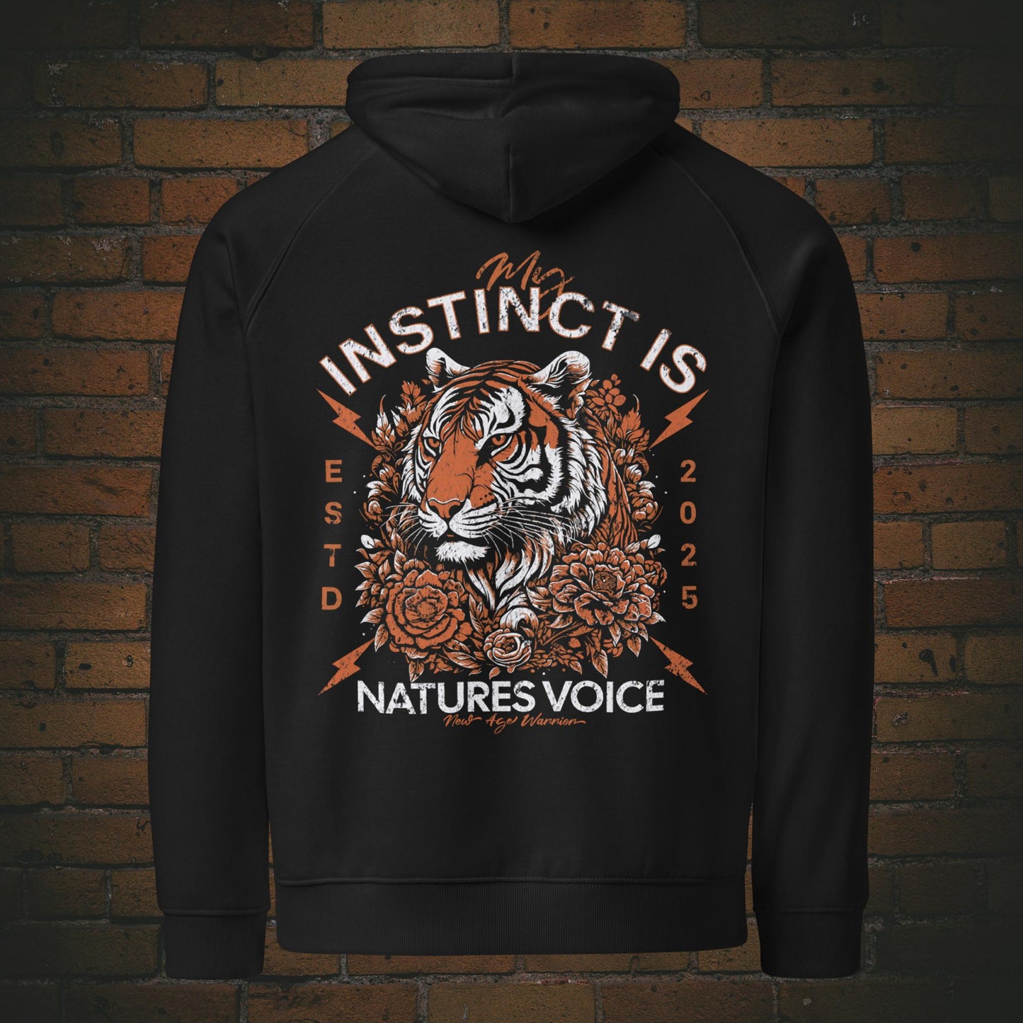Hoodie Unisex mit Spruch – Tiger Design My Instinct | Bio Baumwolle in der Farbe schwarz aus der New Age Warrior Kollektion