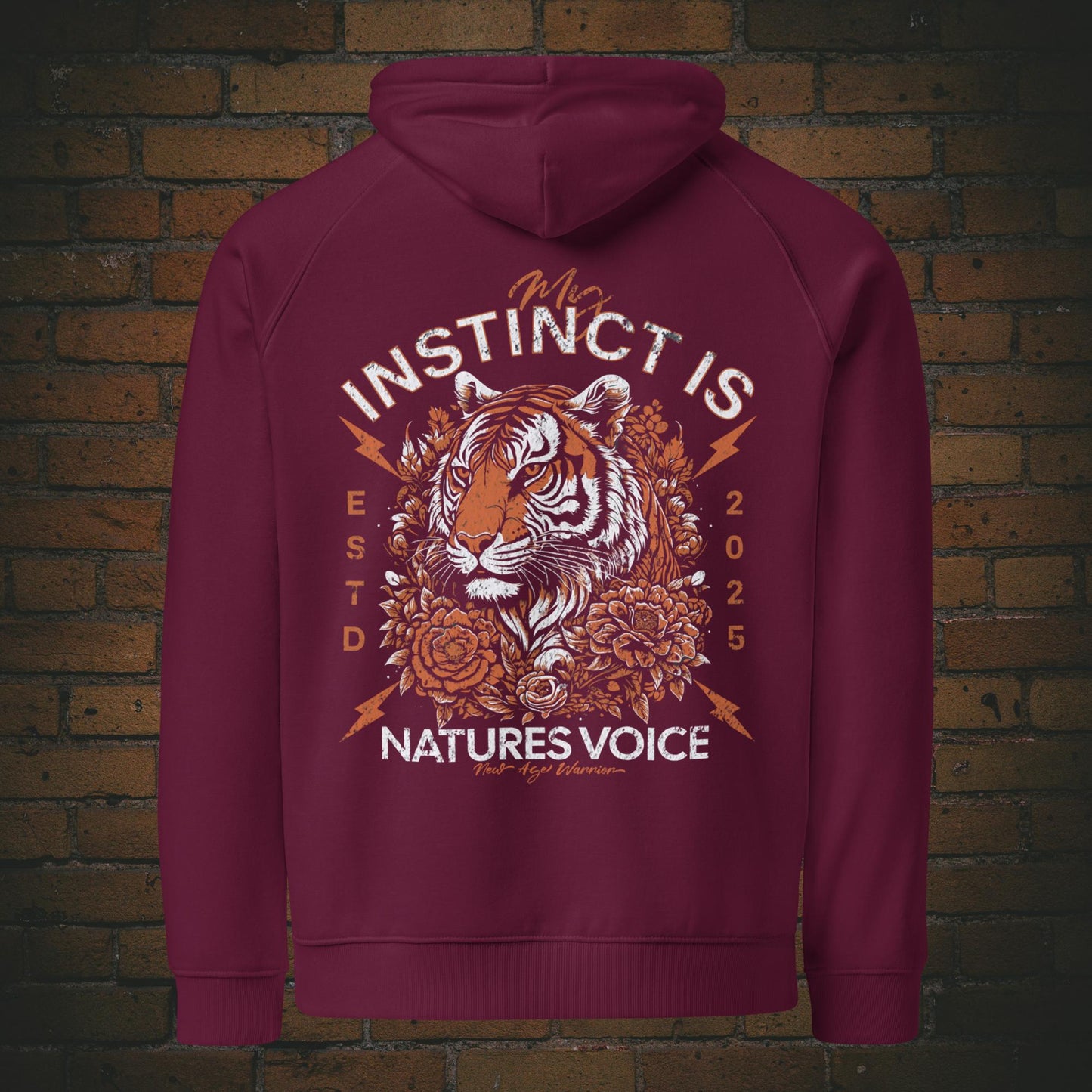 Hoodie Unisex mit Spruch – Tiger Design My Instinct | Bio Baumwolle in der Farbe weinrot aus der New Age Warrior Kollektion