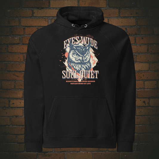 Krafttier Eule – Eyes Wide, Soul Quiet | Spirit Animal Hoodie Unisex - Druck auf Bio Baumwolle in der Farbe schwarz