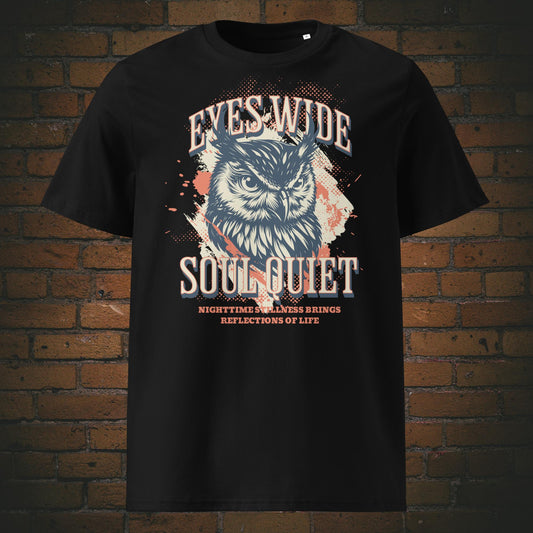 Krafttier Eule – Eyes Wide, Soul Quiet | Spirit Animal T-Shirt Unisex - Druck auf Bio-Baumwolle in der Farbe schwarz