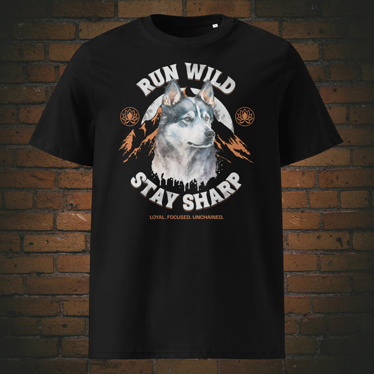 Krafttier Wolf – Run Wild, Stay Sharp | Spirit Animal Kollektion T-Shirt Unisex - Druck auf schwarzer Bio-Baumwolle