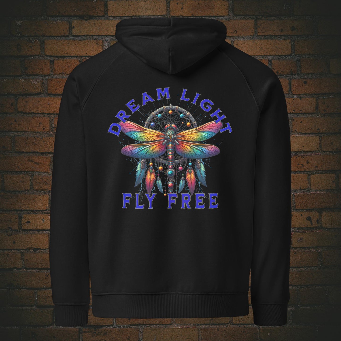 Libellen Hoodie mit Spruch – Dream Light Fly Free | Unisex Druck auf Bio Baumwolle in der Farbe schwarz Backprint New Age Warrior Kollektion