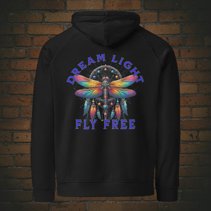 Libellen Hoodie mit Spruch – Dream Light Fly Free | Unisex Druck auf Bio Baumwolle in der Farbe schwarz Backprint New Age Warrior Kollektion
