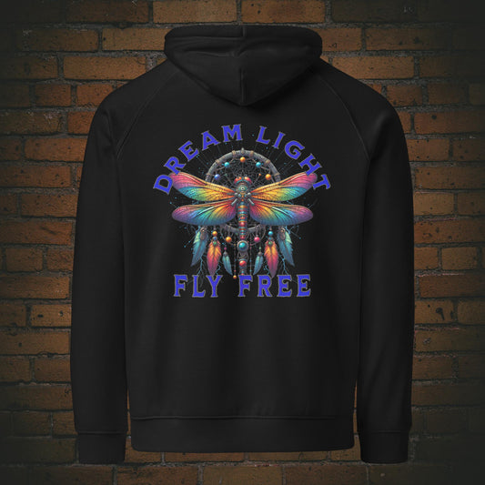 Libellen Hoodie mit Spruch – Dream Light Fly Free | Unisex Druck auf Bio Baumwolle in der Farbe schwarz Backprint New Age Warrior Kollektion