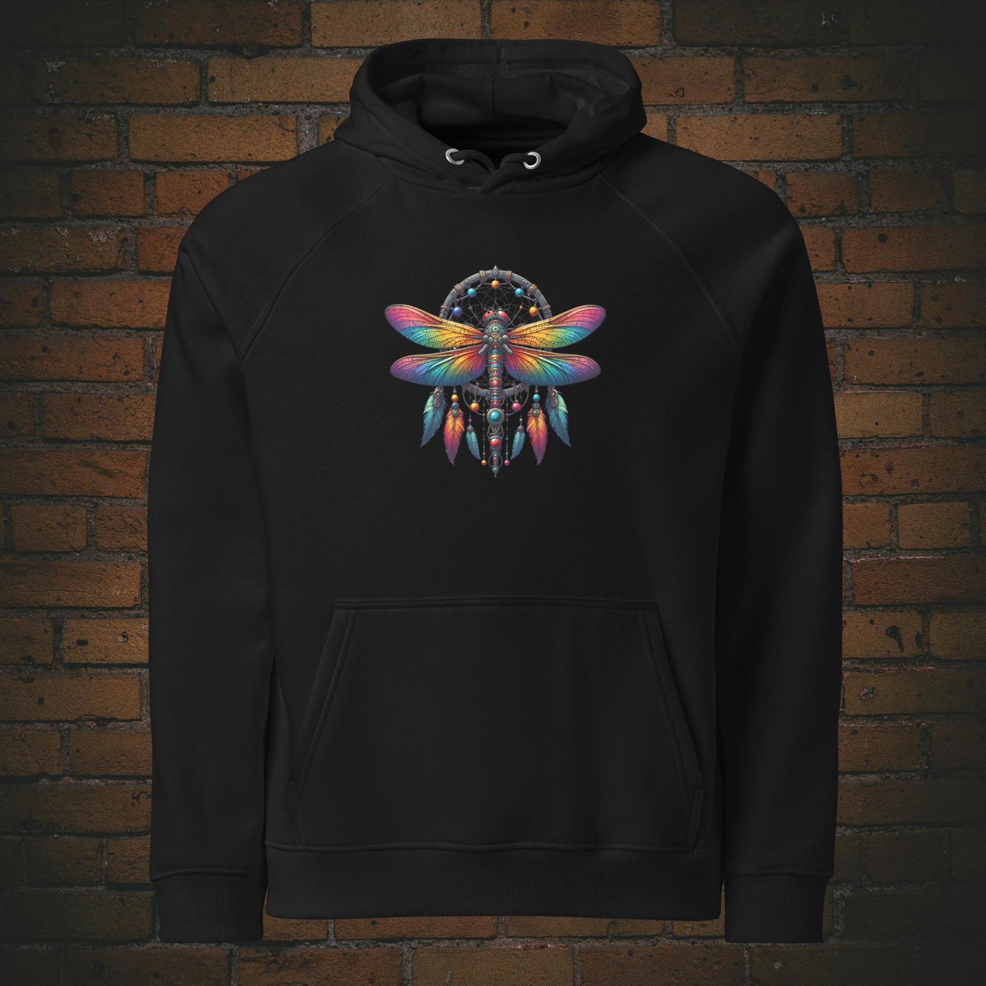 Libellen Hoodie mit Spruch – Dream Light Fly Free | Unisex Druck auf Bio Baumwolle in der Farbe schwarz Frontprint New Age Warrior Kollektion