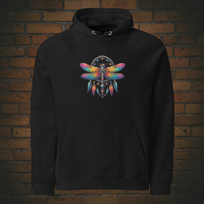 Libellen Hoodie mit Spruch – Dream Light Fly Free | Unisex Druck auf Bio Baumwolle in der Farbe schwarz Frontprint New Age Warrior Kollektion