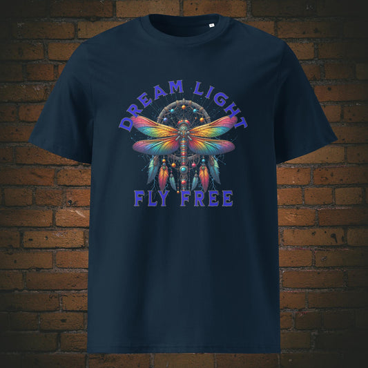 Libellen T-Shirt mit Spruch – Dream Light Fly Free | New Age Warrior Unisex Druck auf Bio Baumwolle in der Farbe dunkelblau
