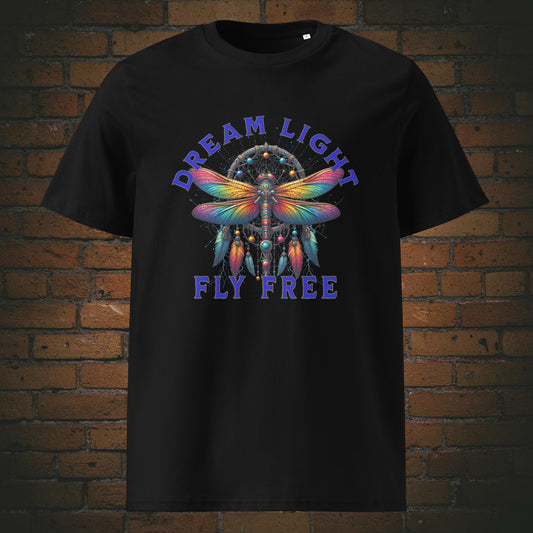 Libellen T-Shirt mit Spruch – Dream Light Fly Free | New Age Warrior Unisex Druck auf Bio Baumwolle in der Farbe schwarz 