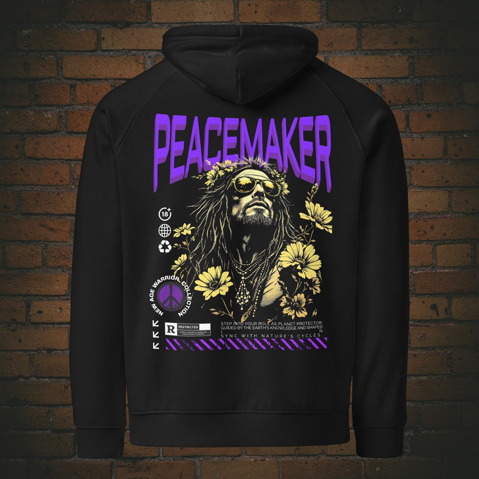 NEW AGE WARRIOR Hoodie Unisex – Druck CREW Brust & PEACEMAKER Rücken - Design in Lila, gelb, weiß und grau -  Bio Baumwolle in schwarz