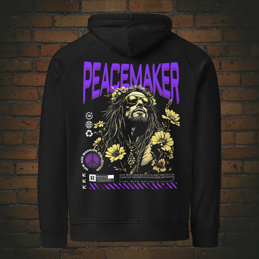 NEW AGE WARRIOR Hoodie Unisex – Druck CREW Brust & PEACEMAKER Rücken - Design in Lila, gelb, weiß und grau -  Bio Baumwolle in schwarz