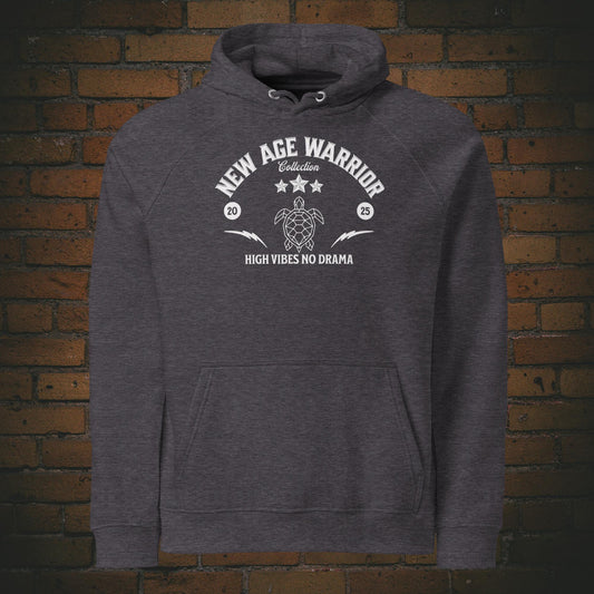 New Age Warrior Hoodie – High Vibes No Drama Design weiss Druck auf Bio Baumwolle in grau
