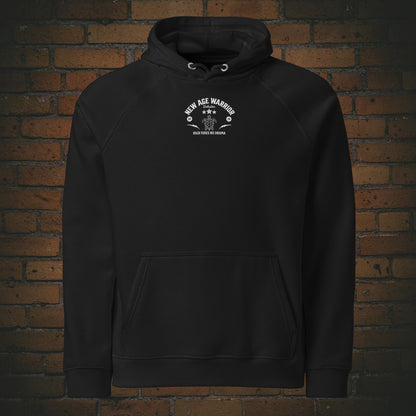 New Age Warrior Hoodie – King of Chill Löwe | Unisex Bio Baumwolle in der Farbe schwarz - Druck Brust vorne 