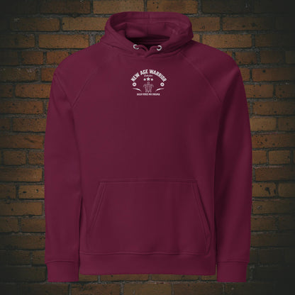 New Age Warrior Hoodie – King of Chill Löwe | Unisex Bio Baumwolle in der Farbe weinrot - Druck auf der Brust