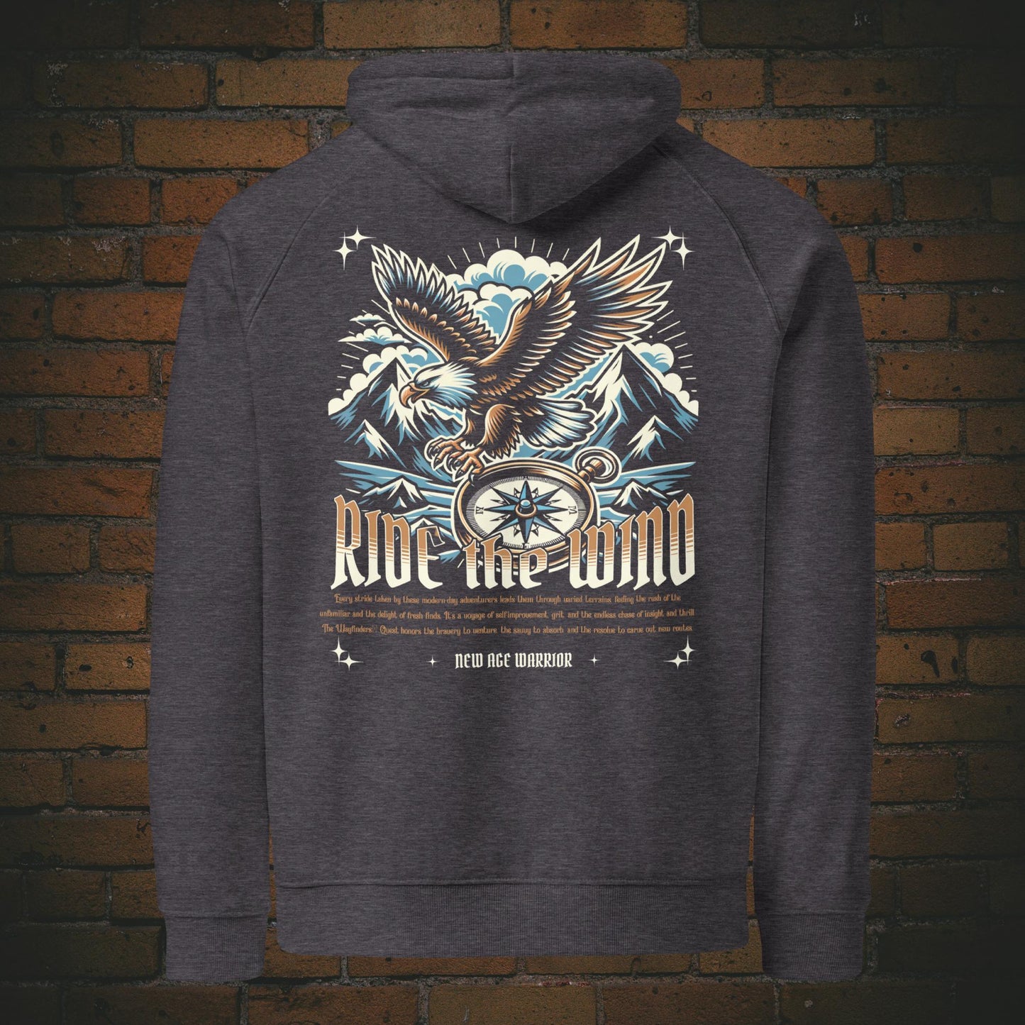 New Age Warrior Hoodie – Ride the Wind Adler Rückendruck | Druck auf Bio Baumwolle in der farbe Dunkelgrau