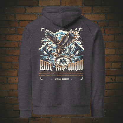 New Age Warrior Hoodie – Ride the Wind Adler Rückendruck | Druck auf Bio Baumwolle in der farbe Dunkelgrau