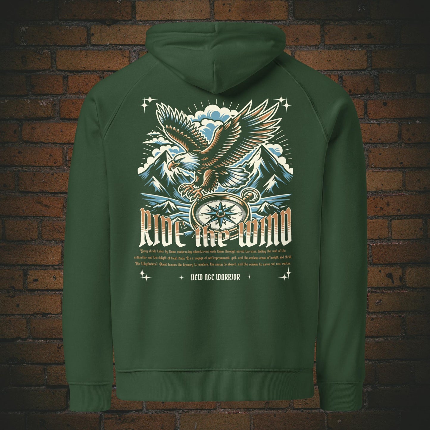 New Age Warrior Hoodie – Ride the Wind Adler Rückendruck | Druck auf Bio Baumwolle in der Farbe grün