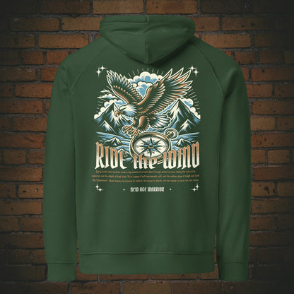 New Age Warrior Hoodie – Ride the Wind Adler Rückendruck | Druck auf Bio Baumwolle in der Farbe grün