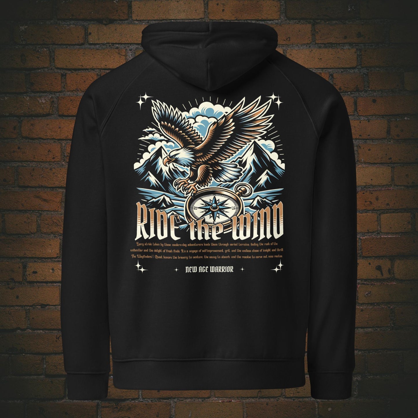 New Age Warrior Hoodie – Ride the Wind Adler Rückendruck | Druck auf Bio Baumwolle in der Farbe schwarz