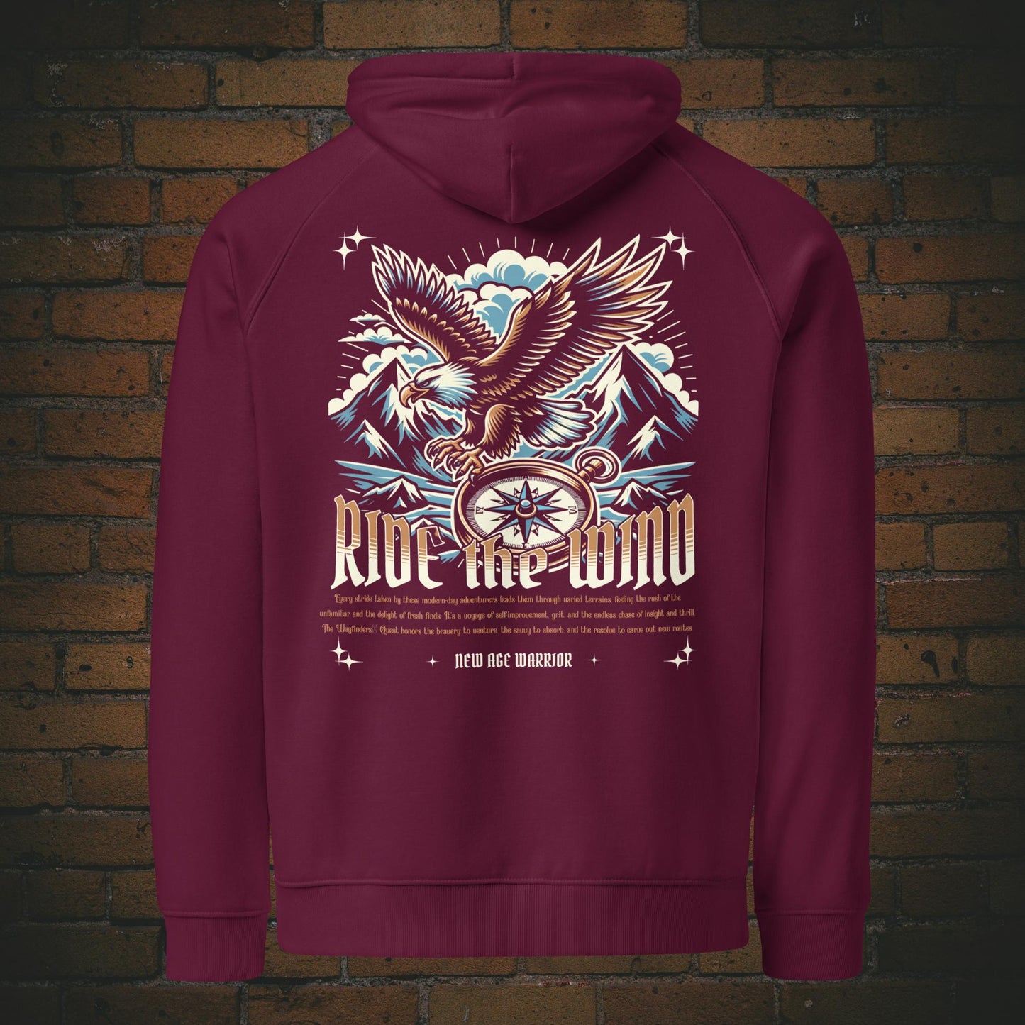 New Age Warrior Hoodie – Spruch Ride the Wind Adler Rückendruck | Druck auf Bio Baumwolle in der Farbe weinrot