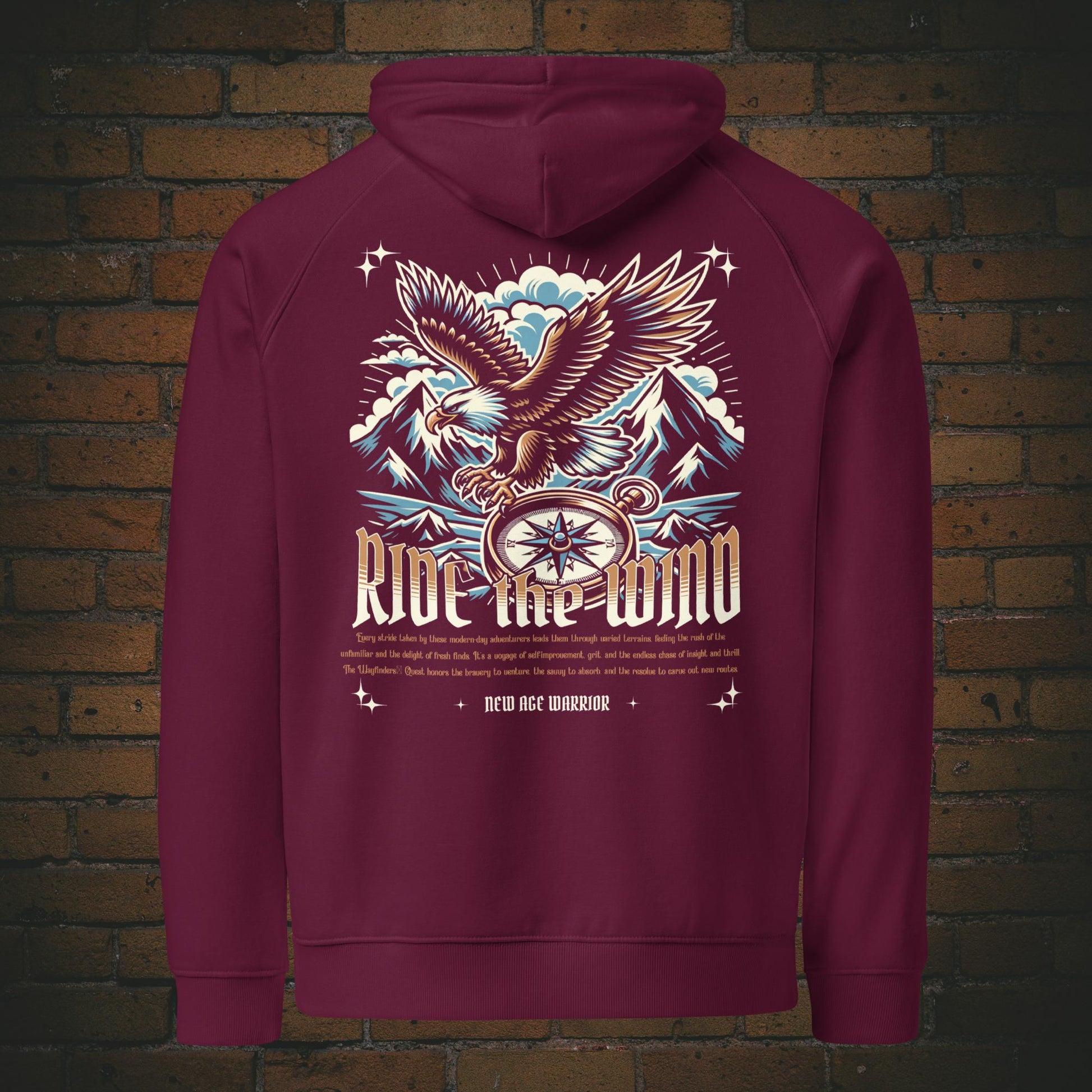New Age Warrior Hoodie – Spruch Ride the Wind Adler Rückendruck | Druck auf Bio Baumwolle in der Farbe weinrot