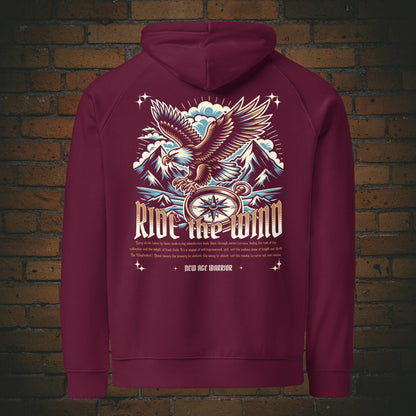 New Age Warrior Hoodie – Spruch Ride the Wind Adler Rückendruck | Druck auf Bio Baumwolle in der Farbe weinrot