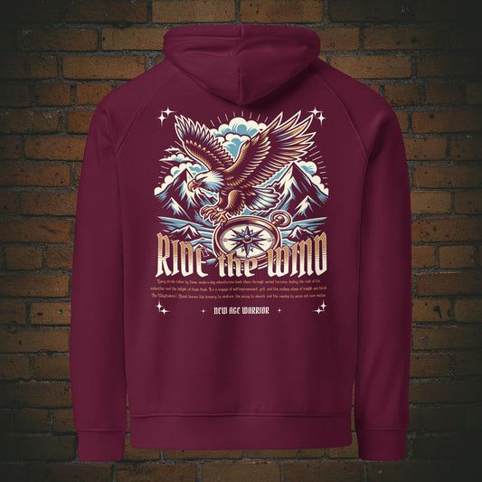 New Age Warrior Hoodie – Spruch Ride the Wind Adler Rückendruck | Druck auf Bio Baumwolle in der Farbe weinrot