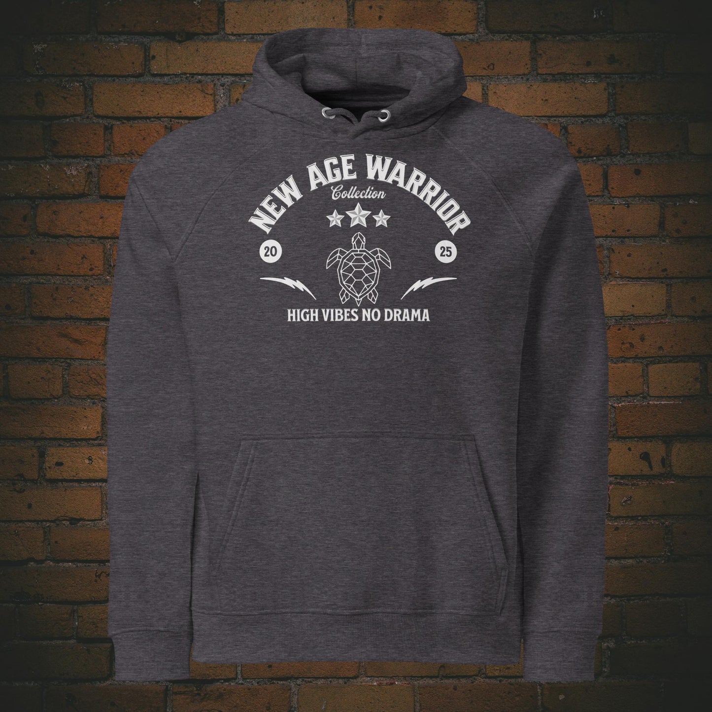 New Age Warrior Hoodie – Ride the Wind Adler Vorderseite | Druck auf Bio Baumwolle in der Farbe dunkelgrau