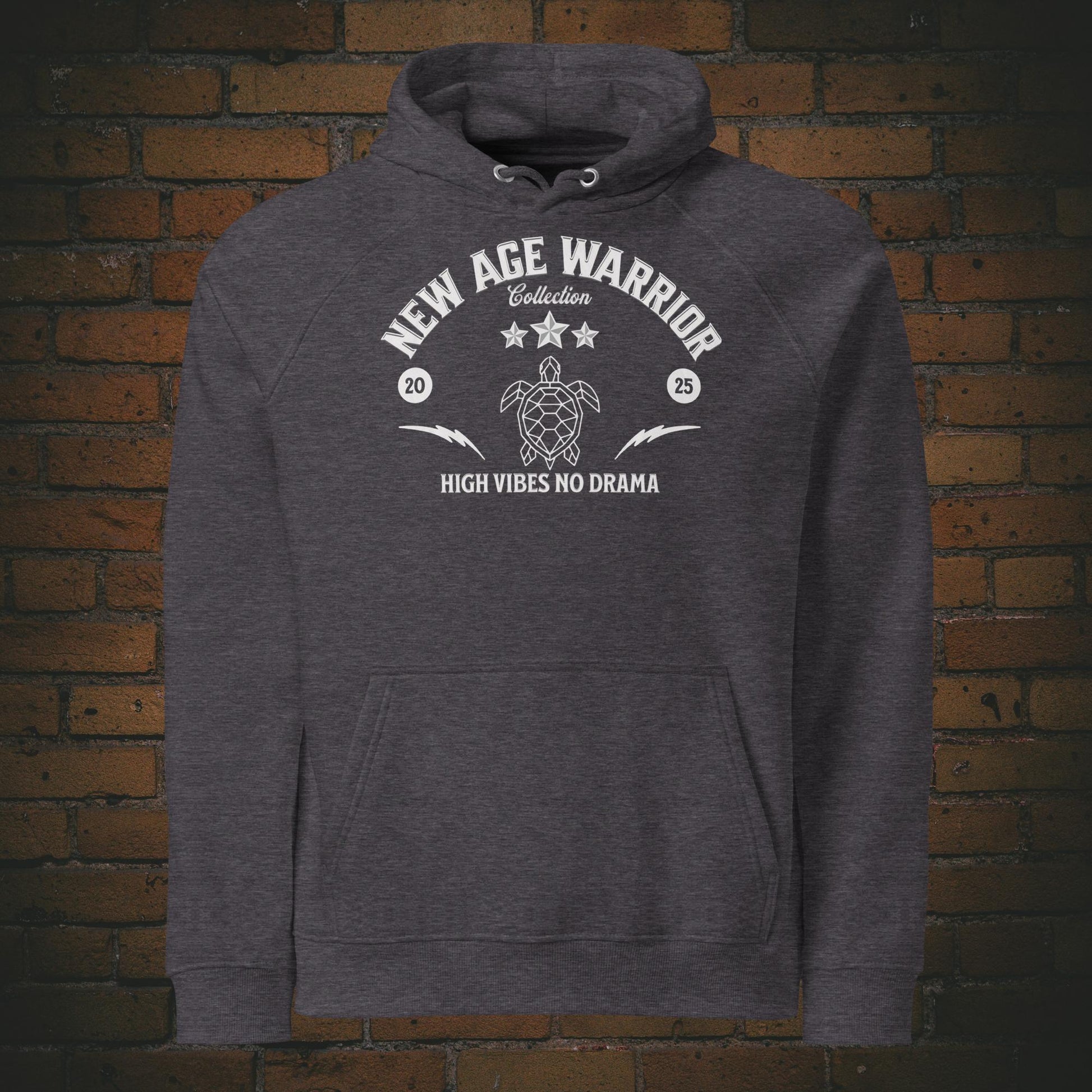 New Age Warrior Hoodie – Ride the Wind Adler Vorderseite | Druck auf Bio Baumwolle in der Farbe dunkelgrau