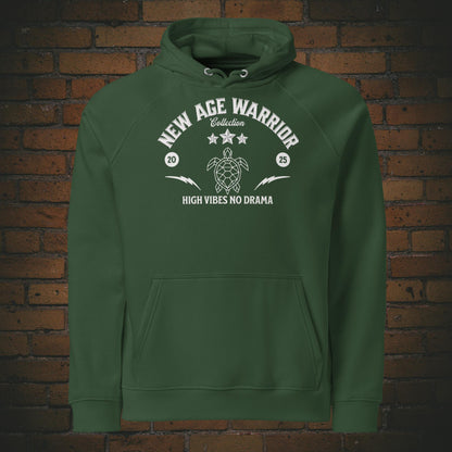 New Age Warrior Hoodie – Ride the Wind Adler Vorderseite | Druck auf Bio Baumwolle in der Farbe grün