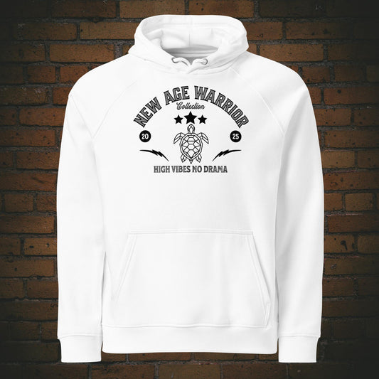 New Age Warrior Hoodie Unisex – Schwarzer Druck auf weisser Bio Baumwolle