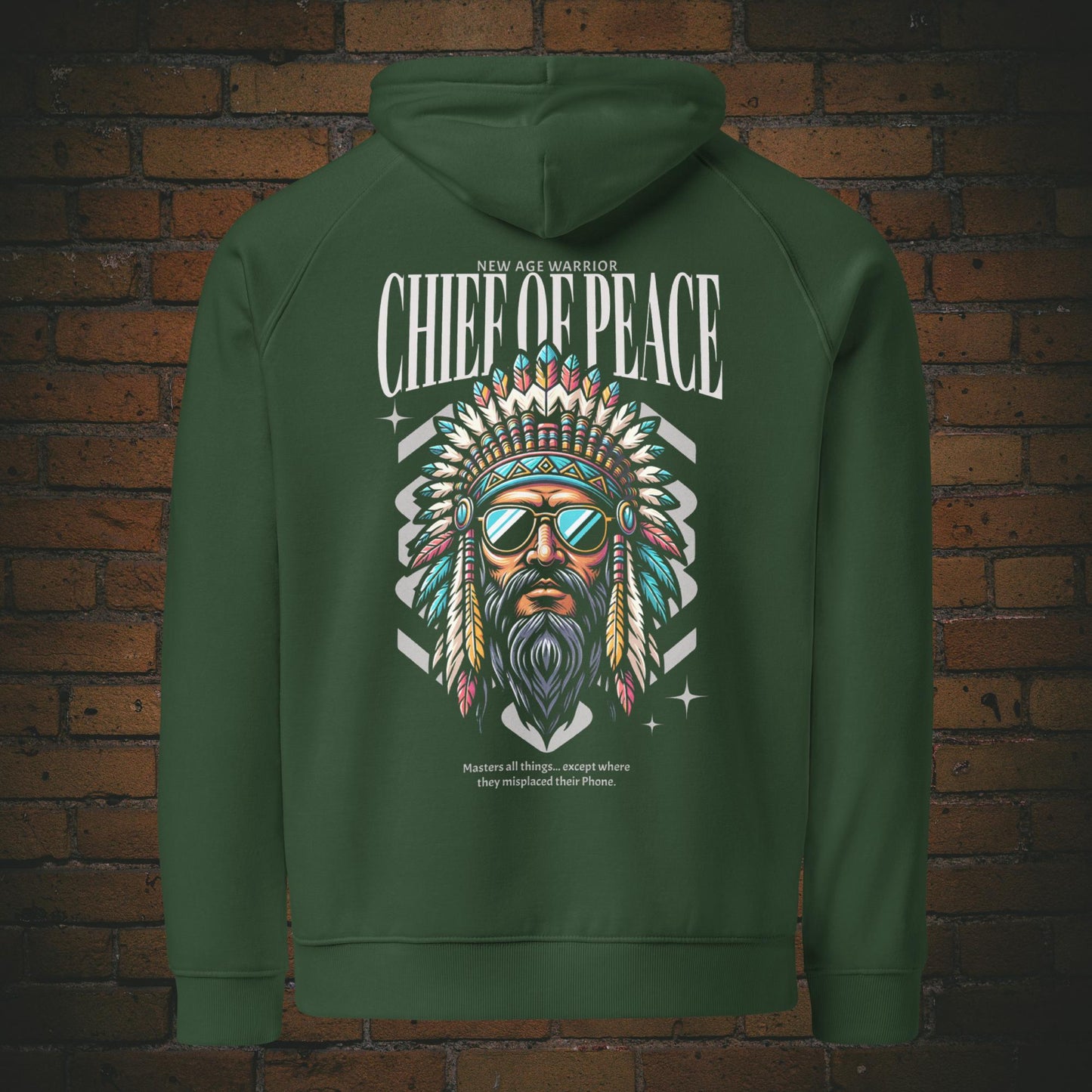 New Age Warrior Indianer Hoodie – Chief of Peace Design | Unisex Druck auf dem Rücken -  Bio Baumwolle Farbe grün