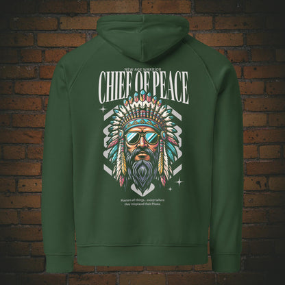 New Age Warrior Indianer Hoodie – Chief of Peace Design | Unisex Druck auf dem Rücken -  Bio Baumwolle Farbe grün