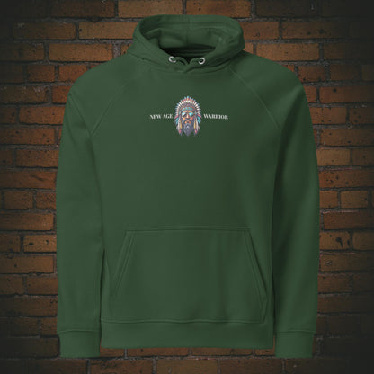 New Age Warrior Indianer Hoodie – Chief of Peace Design | Unisex Druck auf der Brust -  Bio Baumwolle in der Farbe grün 