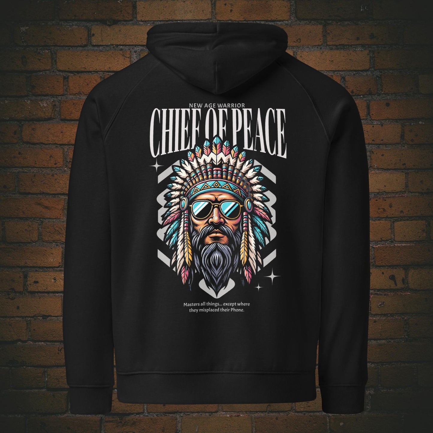 New Age Warrior Indianer Hoodie – Chief of Peace Design | Unisex Druck auf Bio Baumwolle in der Farbe schwarz - Rücken 
