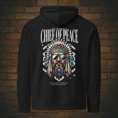 New Age Warrior Indianer Hoodie – Chief of Peace Design | Unisex Druck auf Bio Baumwolle in der Farbe schwarz - Rücken 