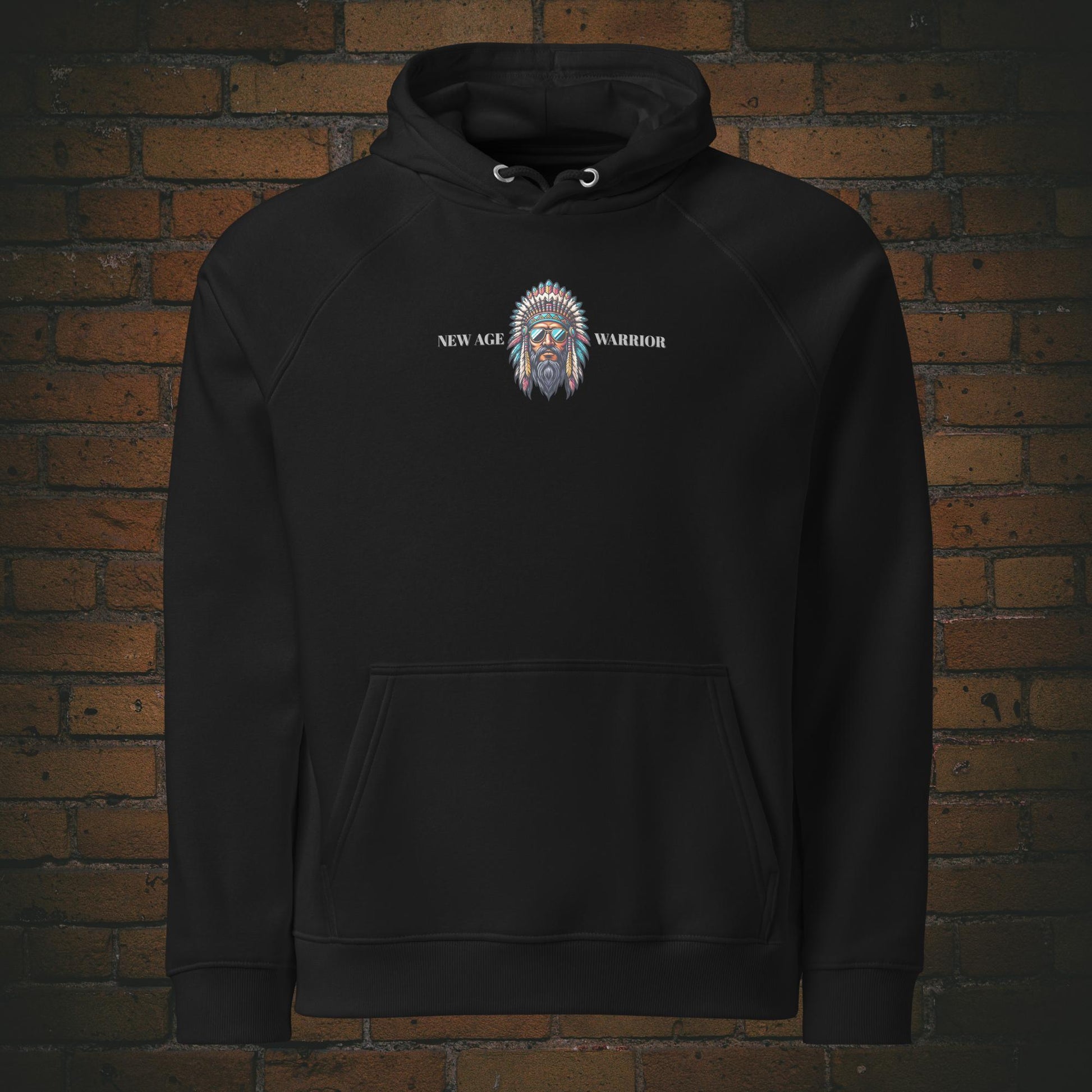 New Age Warrior Indianer Hoodie – Chief of Peace Design | Unisex Druck auf der Brust - Bio Baumwolle in der Farbe schwarz 