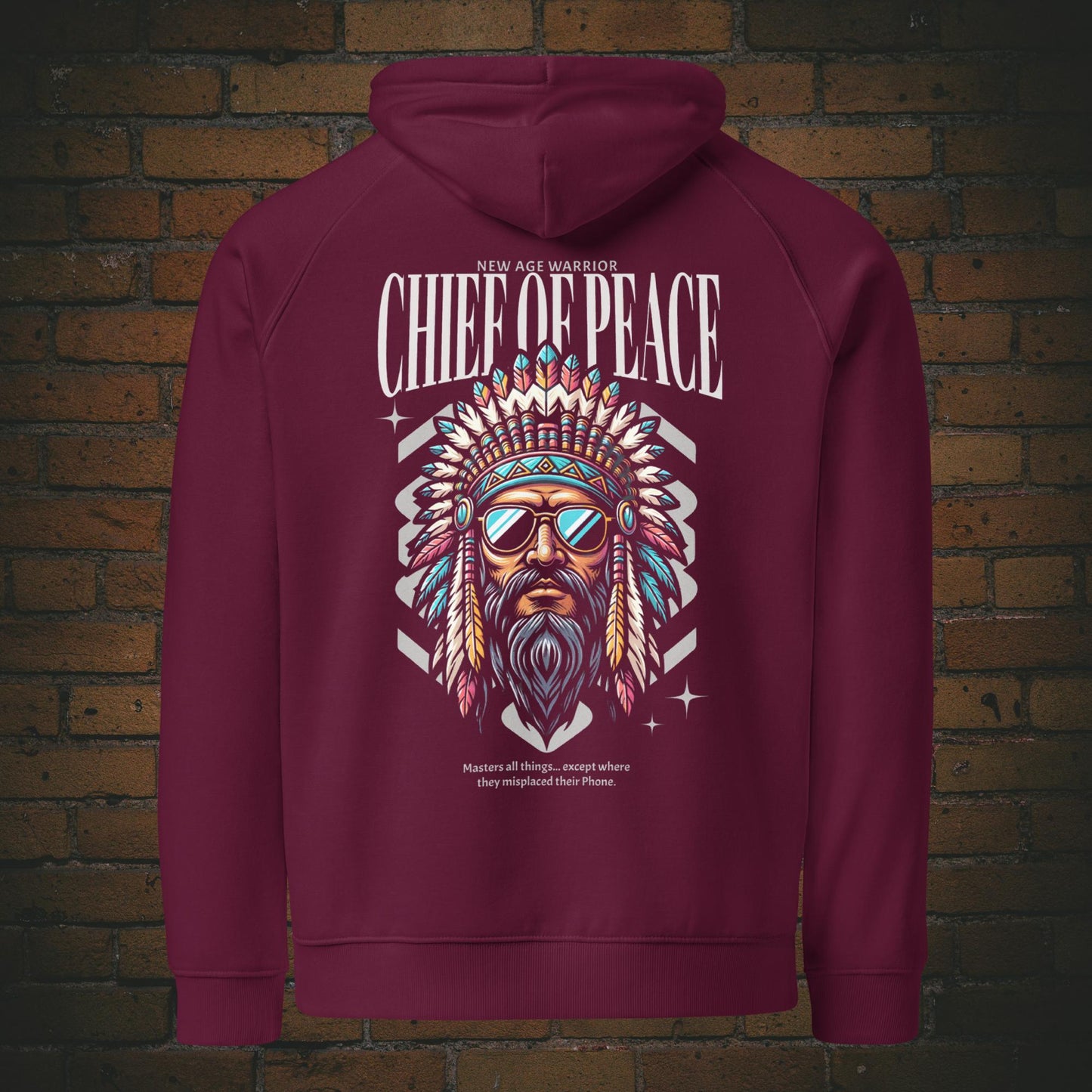 New Age Warrior Indianer Hoodie – Chief of Peace Design | Unisex Druck auf dem Rücken - Bio Baumwolle in der Farbe weinrot
