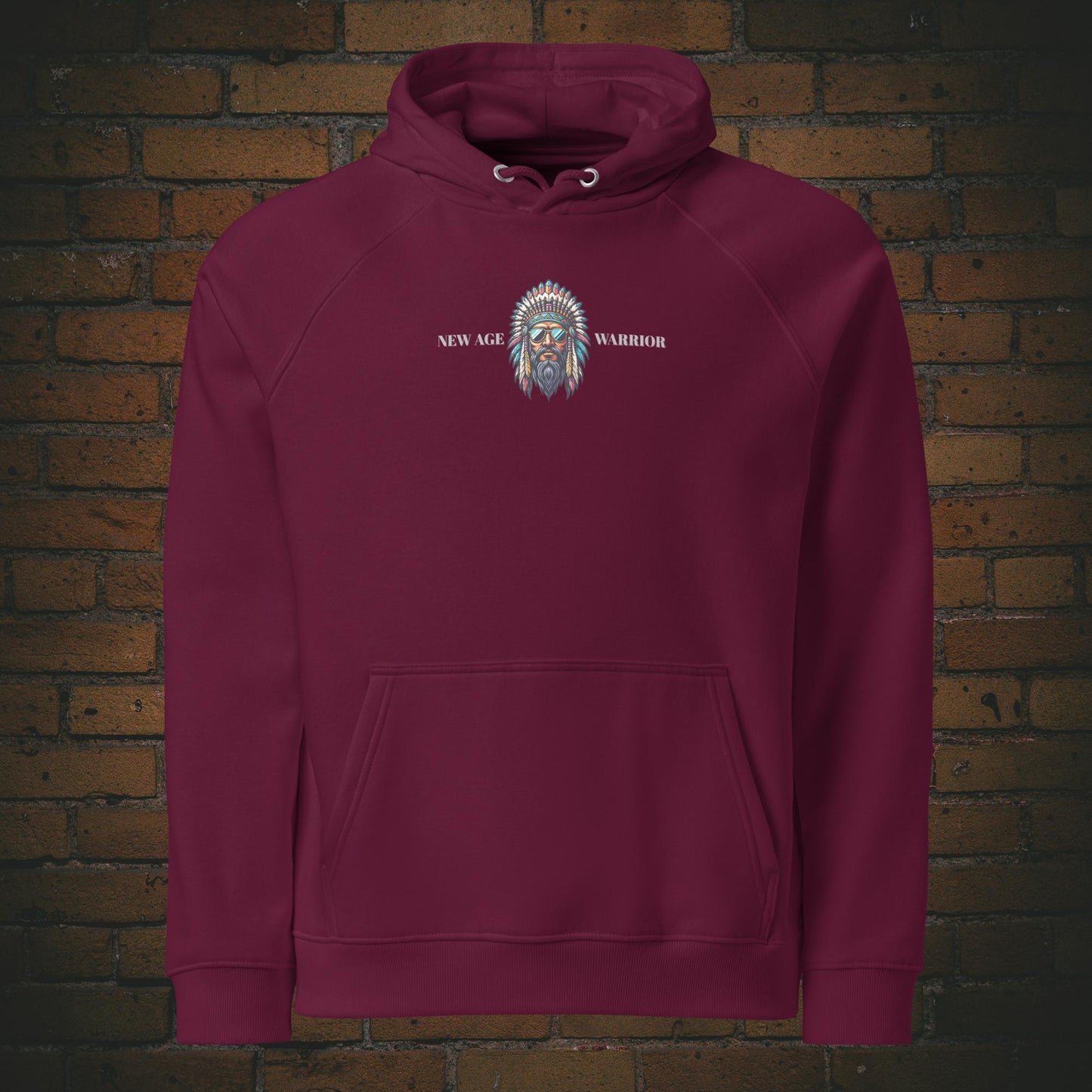 New Age Warrior Indianer Hoodie – Chief of Peace Design | Unisex Druck auf der Brust - Bio Baumwolle in der farbe weinrot 