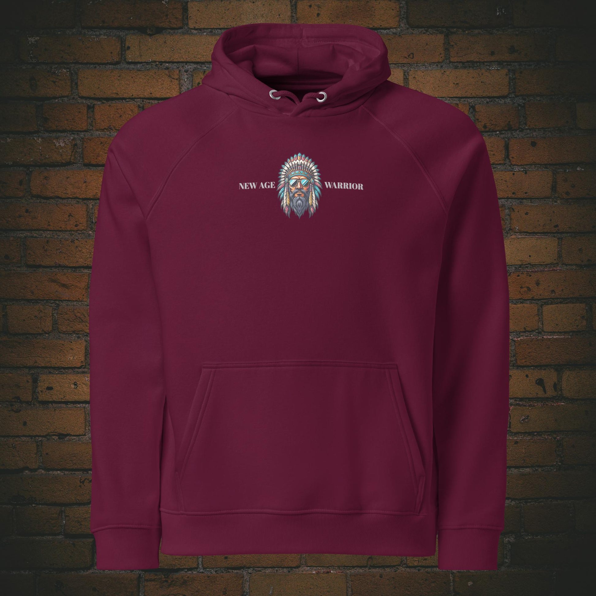New Age Warrior Indianer Hoodie – Chief of Peace Design | Unisex Druck auf der Brust - Bio Baumwolle in der farbe weinrot 