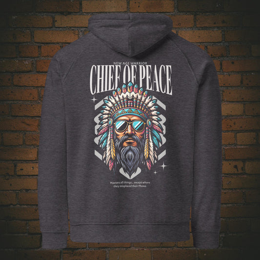 New Age Warrior Indianer Hoodie – Chief of Peace Design | Unisex Bio Baumwolle in der Farbe dunkelgrau - Druck auf dem Rücken 