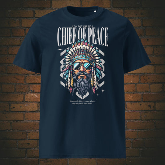 New Age Warrior Indianer T-Shirt – Chief of Peace Design | Unisex Druck auf Bio Baumwolle in der Farbe dunkelblau 