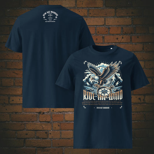 New Age Warrior T-Shirt – Spruch Ride the Wind Adler Unisex Bio Baumwolle in dunkelblau